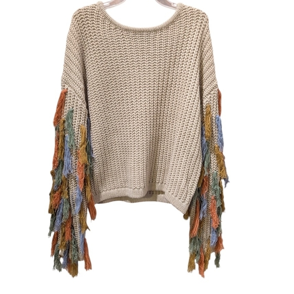 Blue B Collection Tan Knit Sweater With Multi Colored Fringe On Sleeves, Size M. - Picture 2 of 9